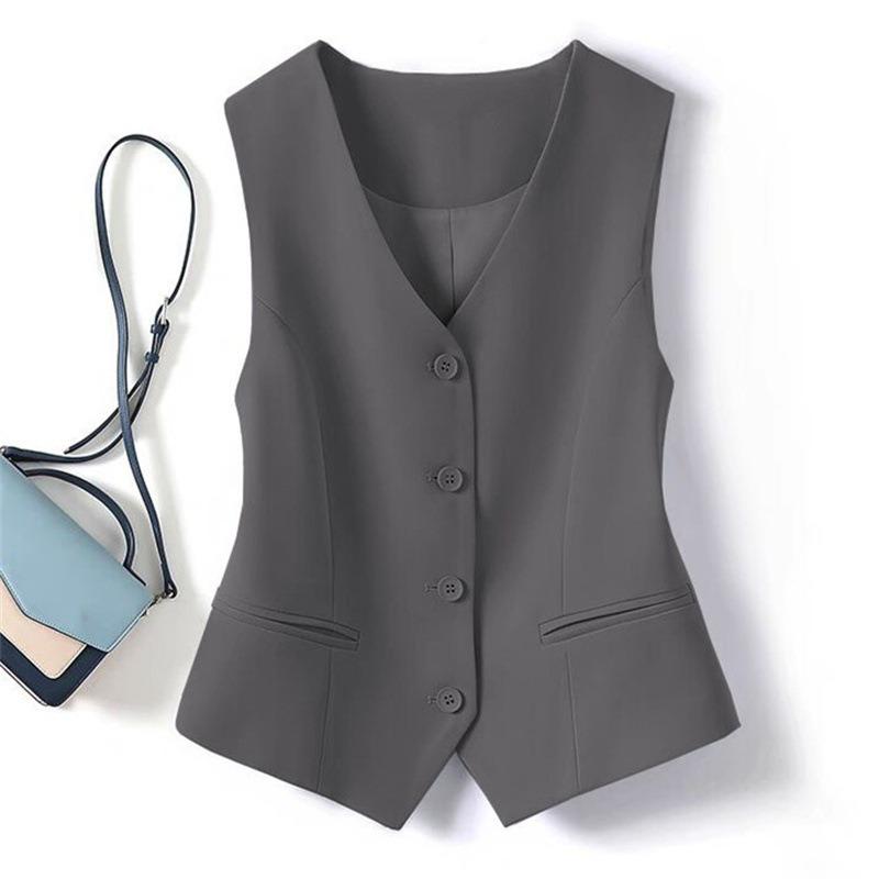 Women's Suit Waistcoat Solid Color Slim Fit Commuting Style Vest Jacket V-neck Pocket Decoration Short Ladies Top
