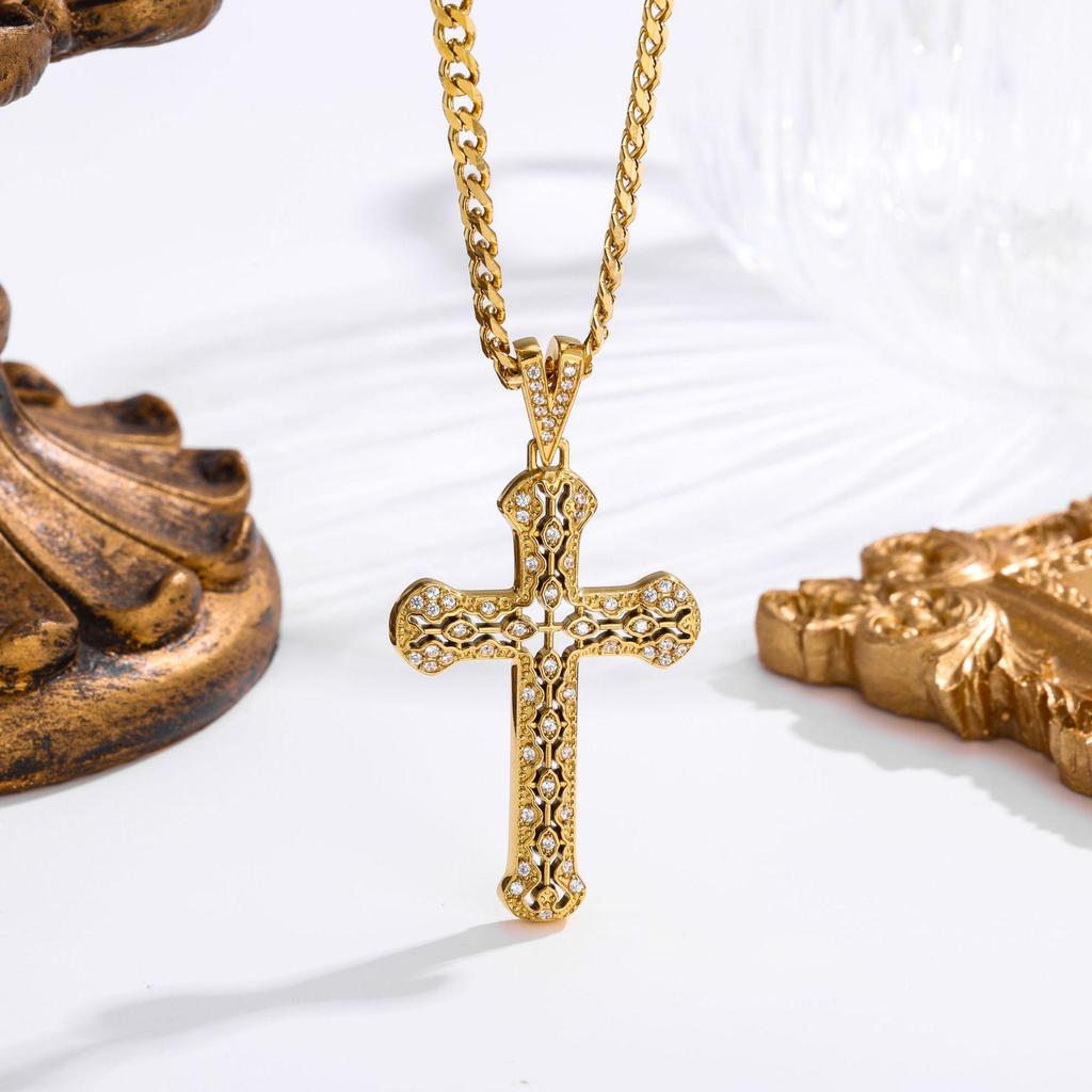Trendy Hollow Inlaid Diamond Gold Cross Necklace, Non-Fading Titanium Steel, Unisex Hip-Hop Choker.