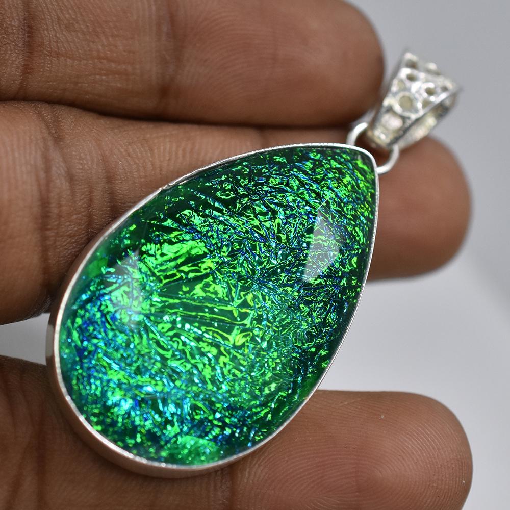 925 Sterling Silver Pendant 79 ct Pear Cut Lab-Created Ammolite Gems Gemstone Jewelry Gift