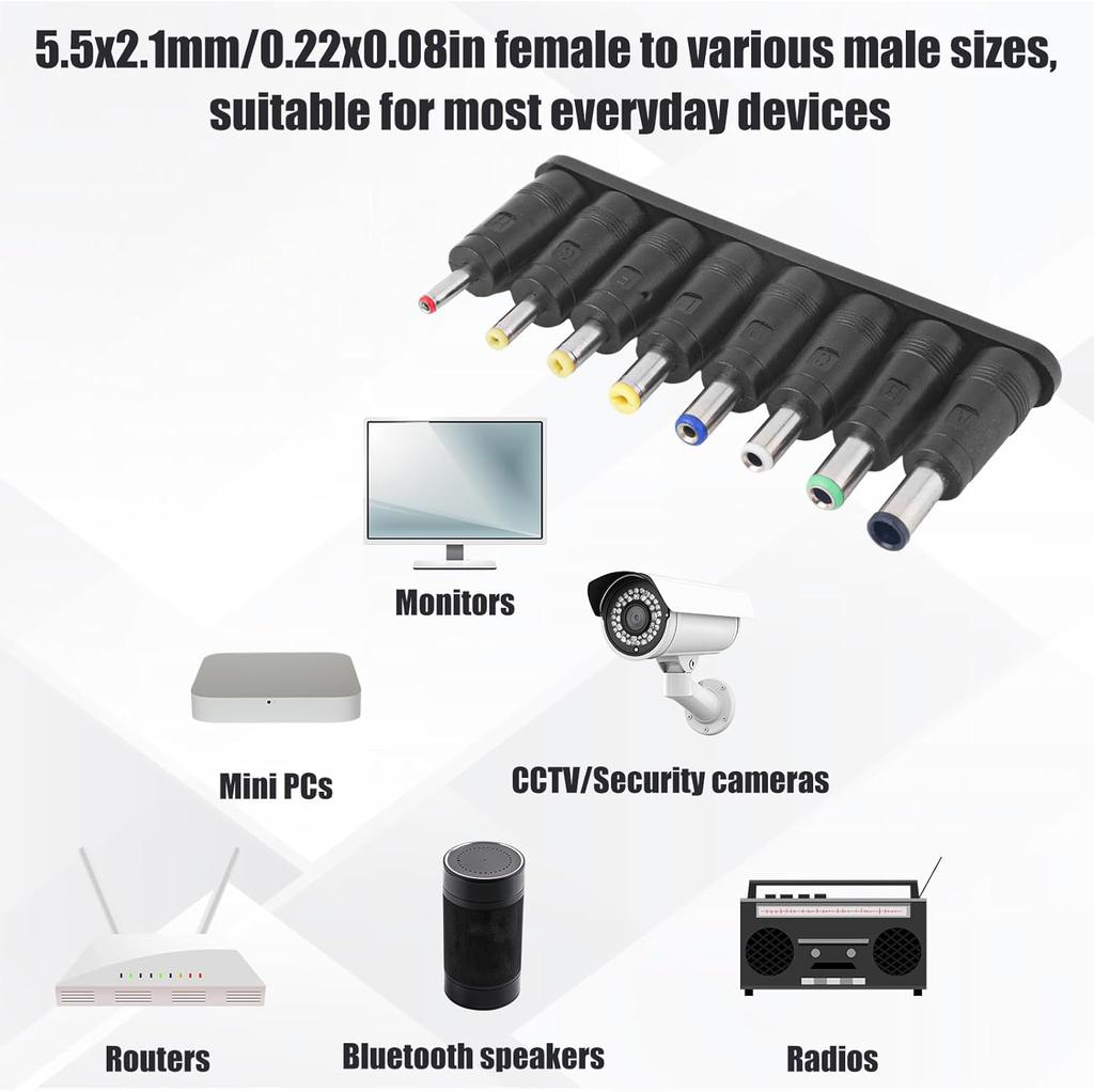DC Adapter Connectors DC Barrel Jack Plug Power Adapter 5.5x2.1 mm Female to Male Adapter Tip for Monitor Webcam Router Laptop