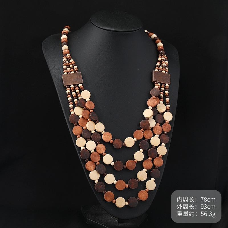Vintage exaggerated wooden necklace Maillard vacation women's bohemian long niche sweater chain earrings