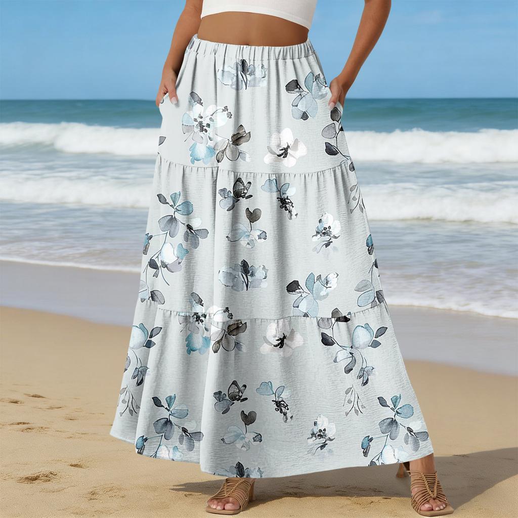 Women's Casual High Waist Drawstring A-line Skirt Color Skirt With Pockets