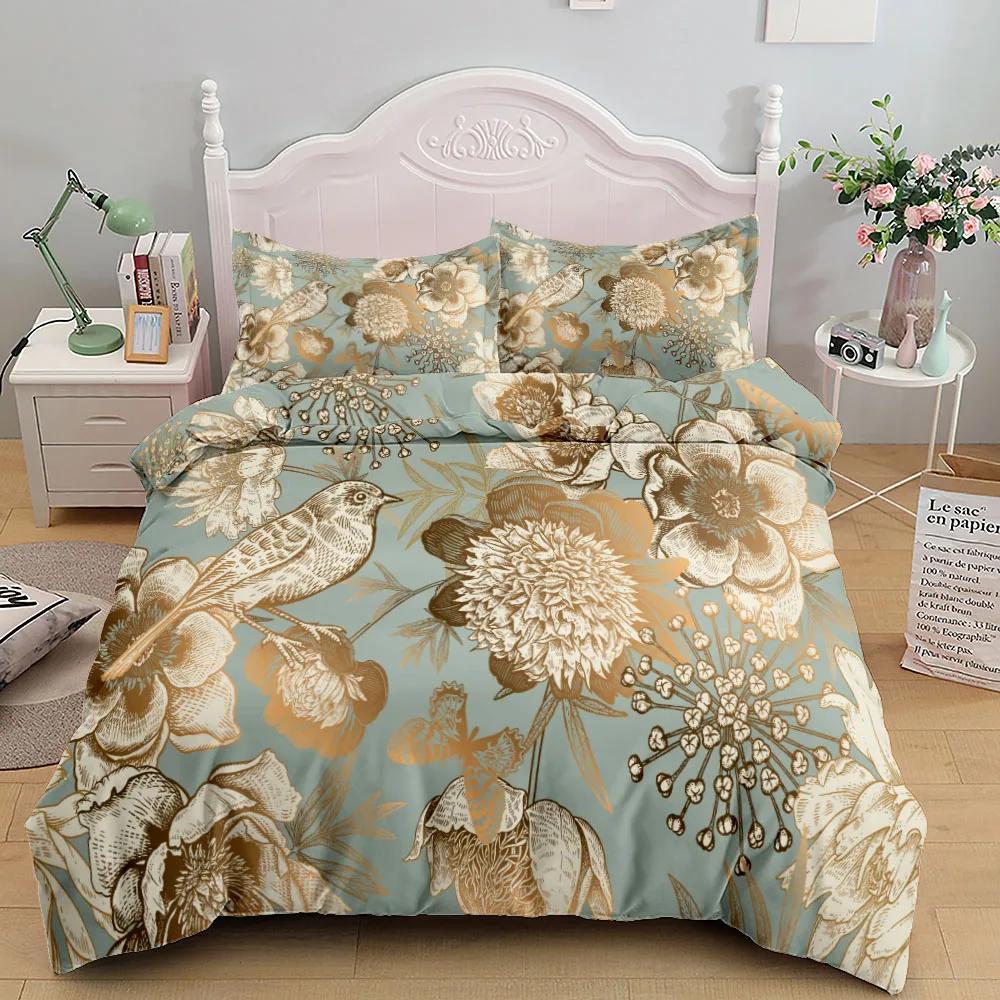 Flowers Parrot King Queen Duvet Cover Cartoon Birds Floral Bedding Set For Adults Animals Leaves 2/3Pcs Polyester Quilt Cover