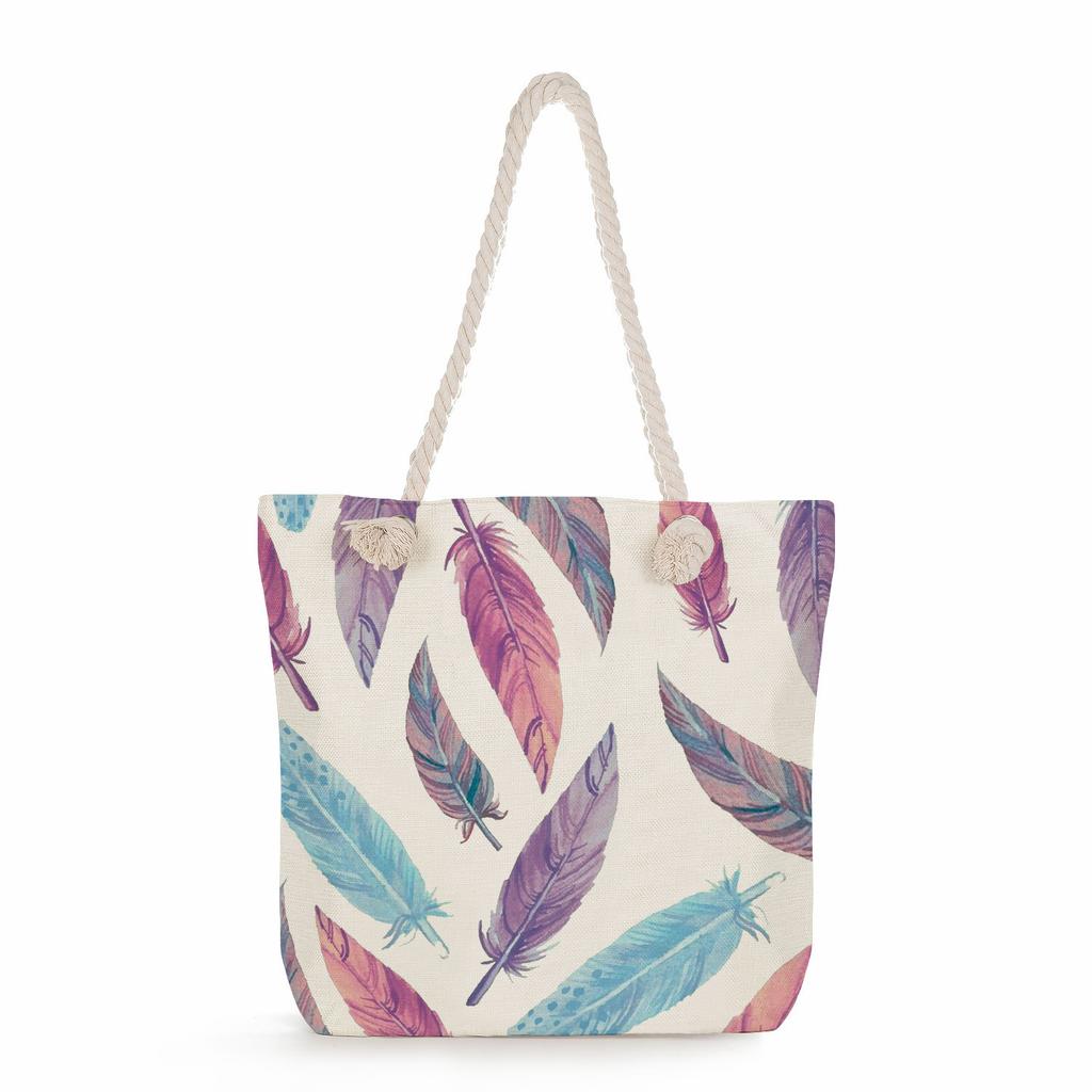 Feather print thick rope single-shoulder beach bag 7221