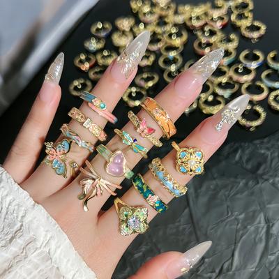 Rings For Women High Quality Open Adjustable Colorful Enamel Vintage Rings Women Geometric Butterfly Rhinestone Finger Ring Trendy Jewelry Gift