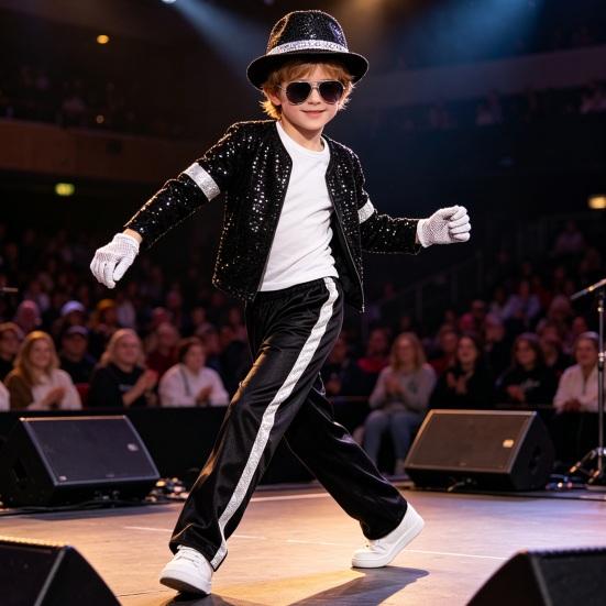 Kinder 80er 90er Performance Kostüm, Schwarze Paillettenjacke, Oberteil, Hose, Hut, Brille, Handschuhe, 7-teiliges Tanzparty-Outfit für Halloween, Bühne