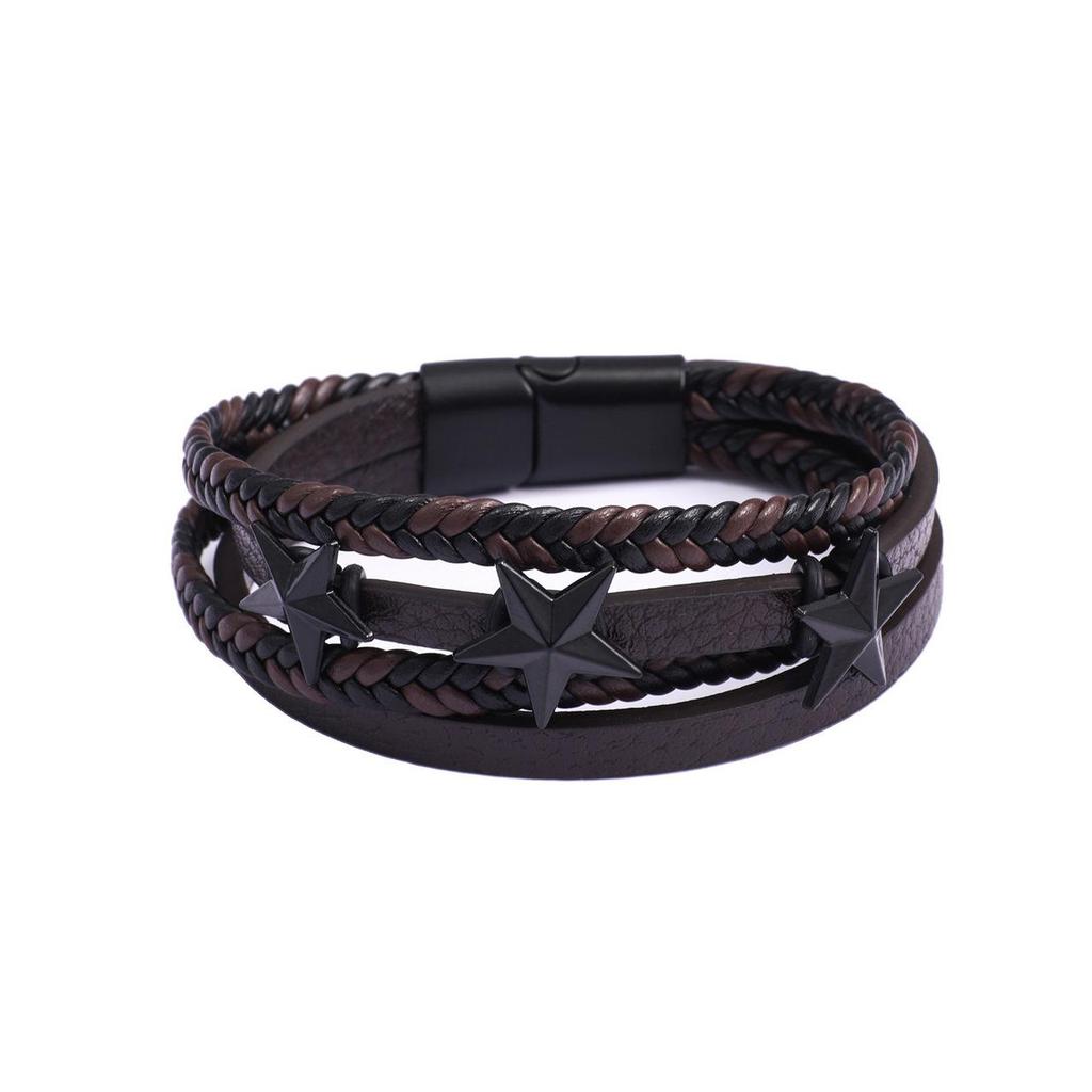 Pulseira de Couro Trançado Multicamadas Versátil Masculina com Design de Pentagrama