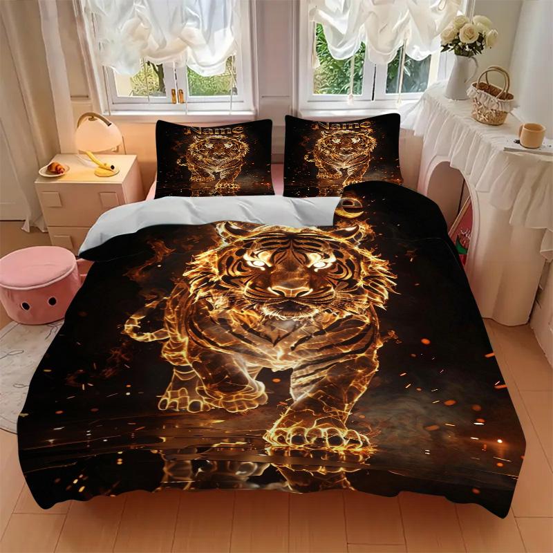 Custom Name Fire Tiger Bedding 3 Piece Set HD Print Duvet Cover Pillowcases for Teens Adult Bedroom Decoration Christmas Gift