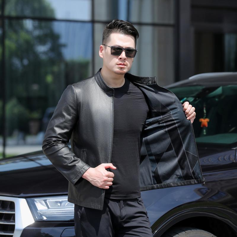 

Осенняя куртка из натуральной кожи, мужская куртка из коровьей кожи первого слоя, куртка с воротником-стойкой, повседневная деловая мужская мотоциклетная куртка 205