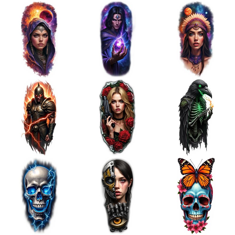 9pcs Temporary Tattoo Realistic Temporary Tattoos Butterfly Skull Raven Skeleton Cyborg Girl For Male Thighs Back