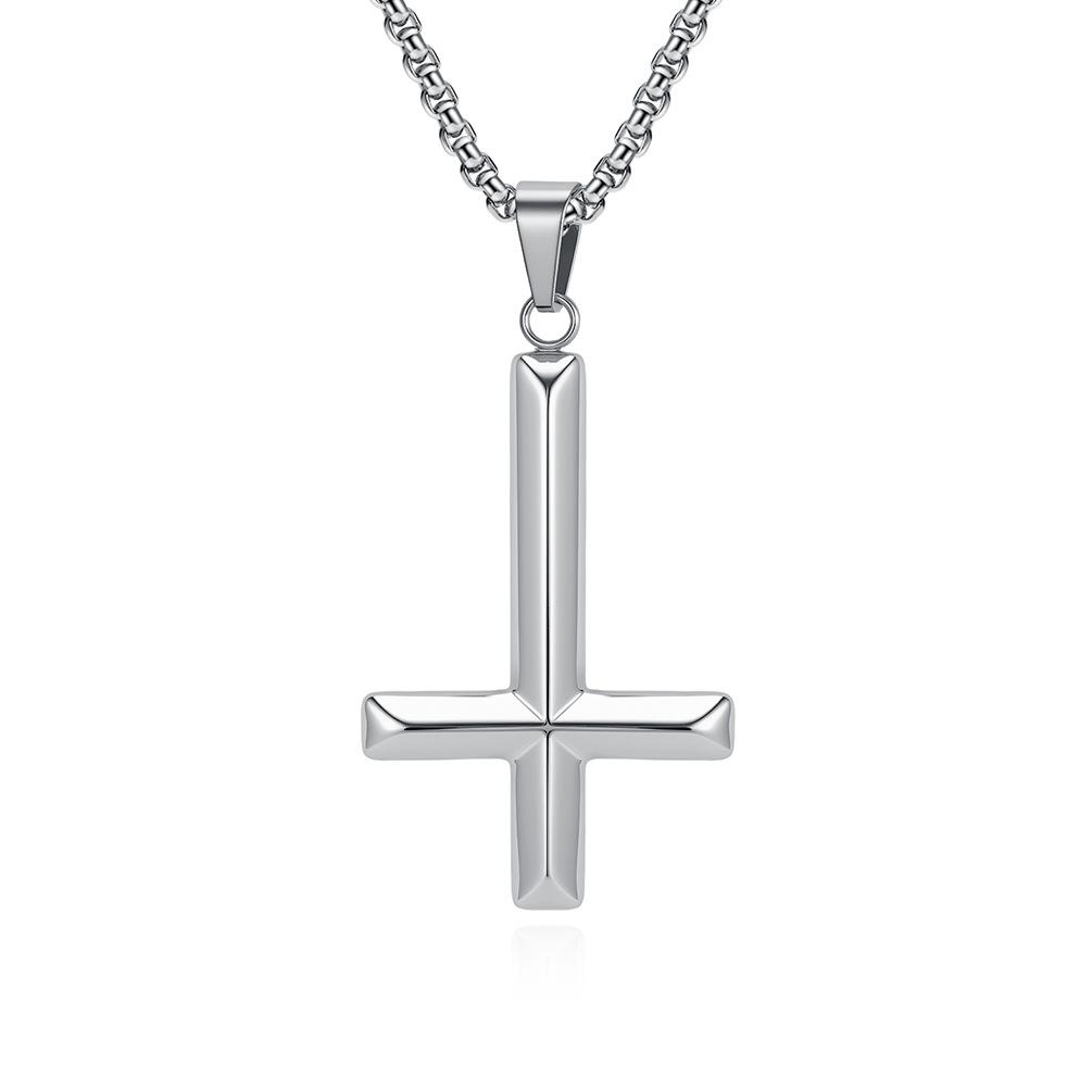 Niche Personality Inverted Cross Necklace Rhombus Smooth Reverse Cross Pendant Titanium Steel Sweater Chain 60CM