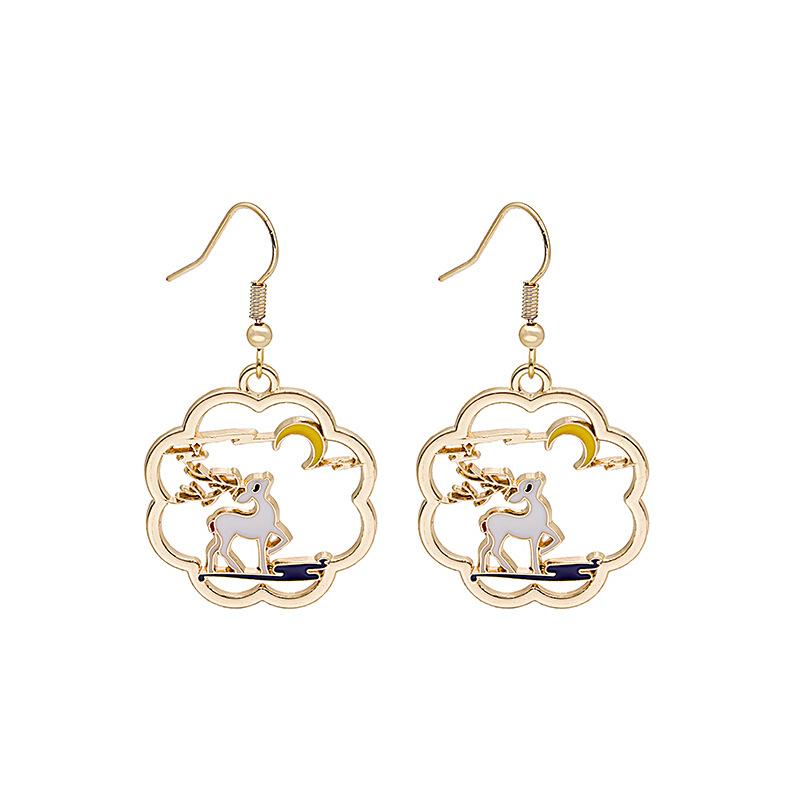 Chinese Style Guochao Koi Sika Deer Moon Rabbit Creative Color Design Cute Multi-Cartoon Ear Hook Series Earrings