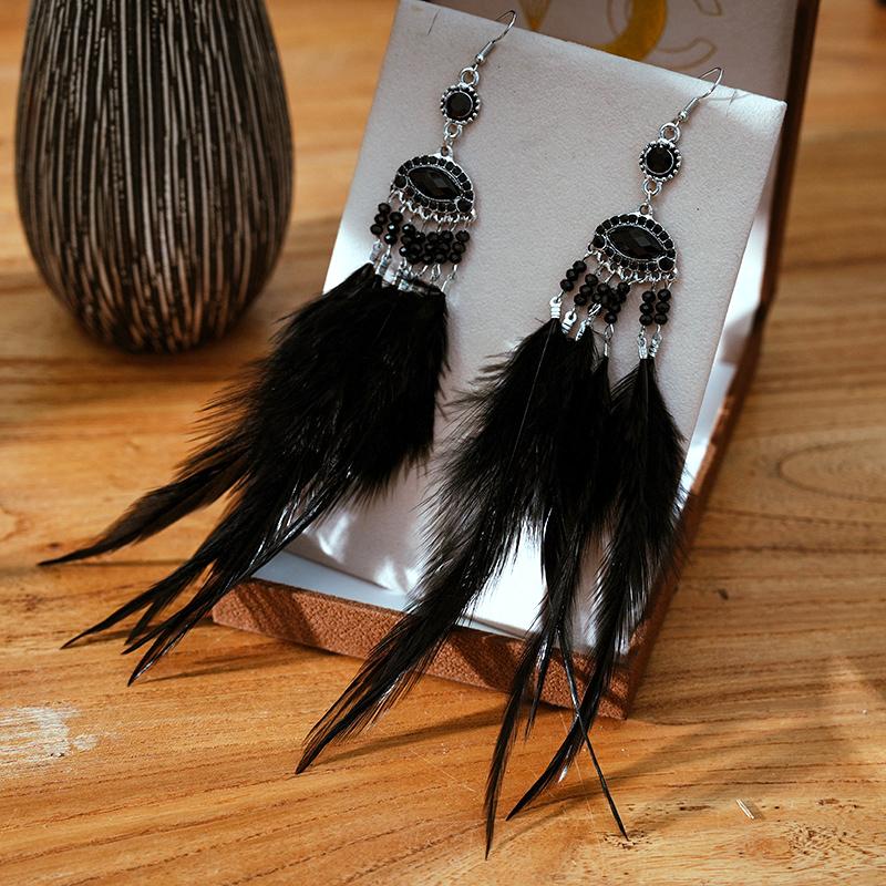 Super Long Exaggerated Irregular Feather Earrings for Women Fashion Boho Colorful Rhinestone Crystal Bead Dangle Earring Jewelry