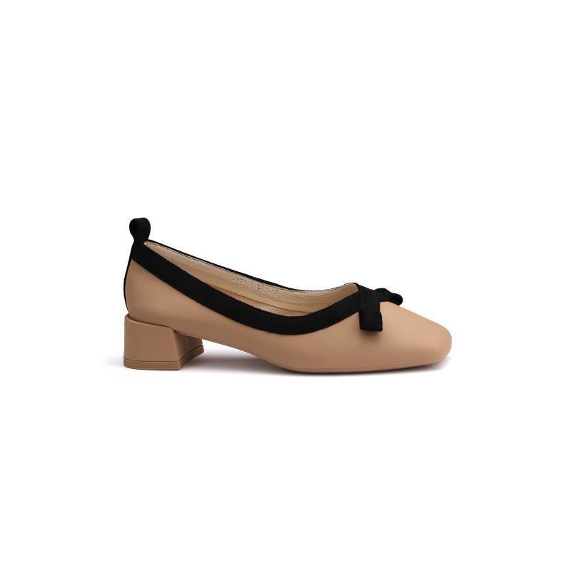 Shoes Leather Square Head Light Mouth Soft Bow Thick Heel Commuter Single Shoes Women's Spring