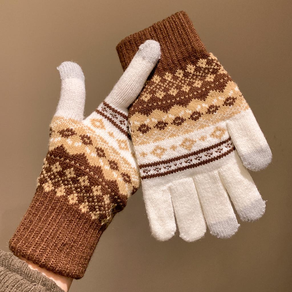 Fair Isle Style Touch Screen Jacquard Split Finger Woolen Knitted Gloves for Women To Keep Warm in Winter  Ride  Freeze and Cold  Versatile