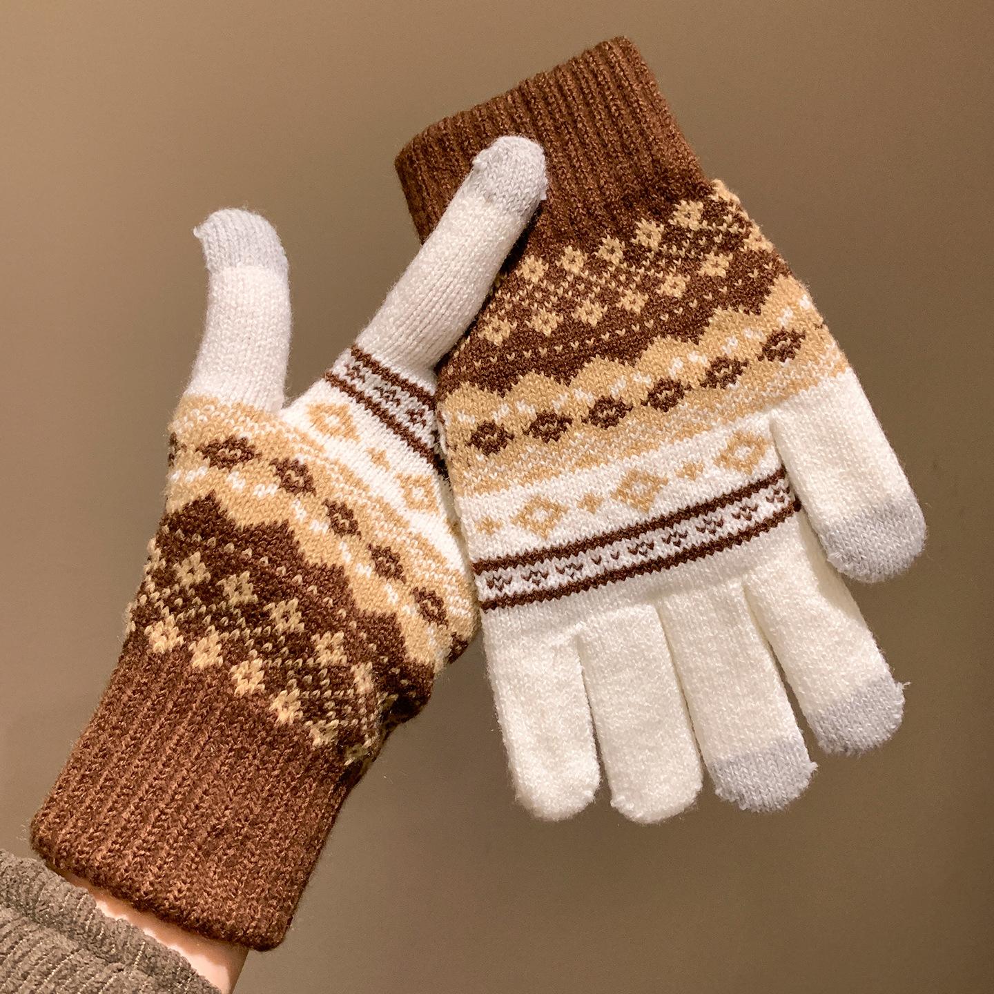 

Fair Isle Style Touch Screen Jacquard Split Finger Woolen Knitted Gloves for Women To Keep Warm in Winter Ride Freeze and Cold Versatile one size