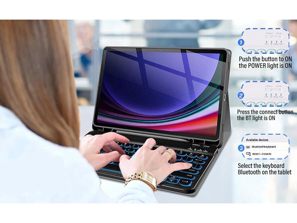 Samsung S10FE Tablet Protective Leather Case with Backlit Keyboard and Round Keycaps for A9+/A11Plus/S10Lite.