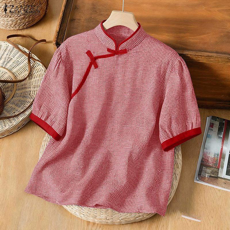 ZANZEA Women Casual Stand Collar Short Sleeve Summer Grid Print Blouse