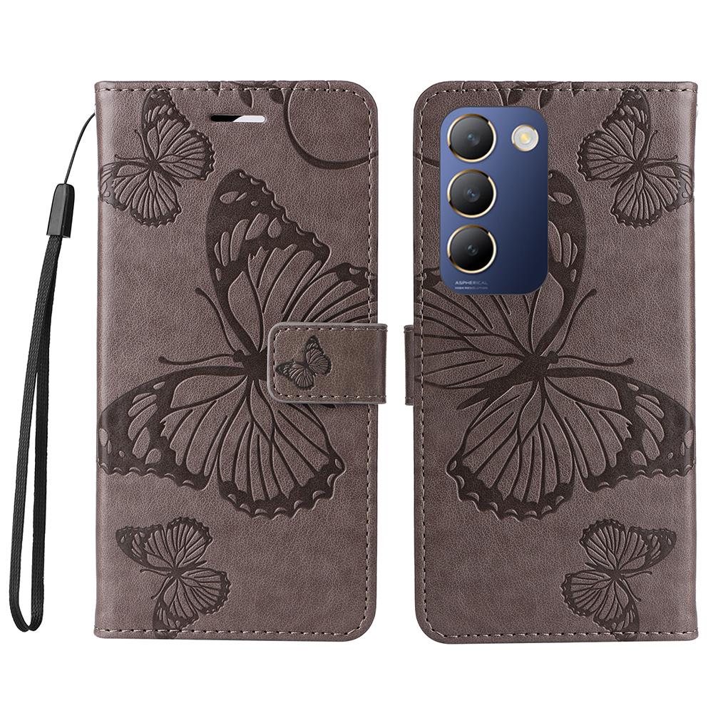 

For vivo V40 SE 5G/Y100 5G (Indonesia)/Y200e 5G/V30 Lite 5G (India) Wallet Case Floral Butterfly Imprinted Leather Phone Cover Grey