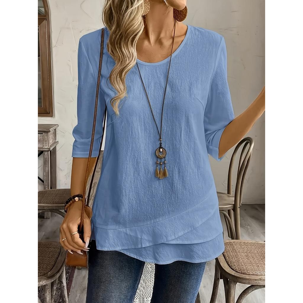 Ladies' Detail V-neck Patch Splicing Design Solid Color Shirt