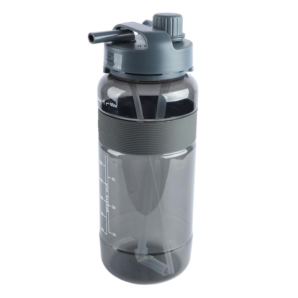 Sports Water Bottle Leakage Proof Detachable Silicone Straw Portable Drinking Bottle with Handle Strap 2000ml Gray