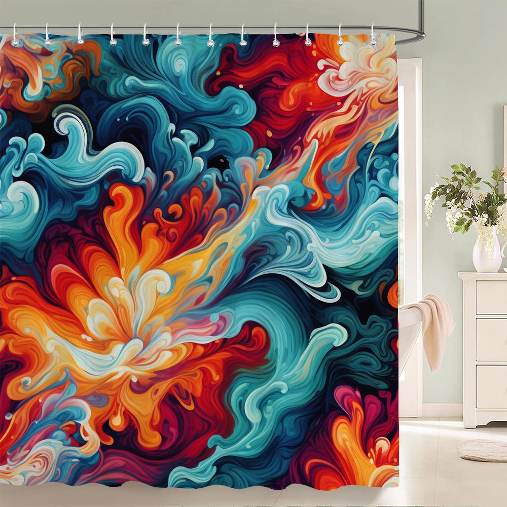 Watercolor Japanese Landscape Style Shower Curtain, Texture Fabric Bathroom Decor Waterproof Fabric Shower Curtian with Hooks