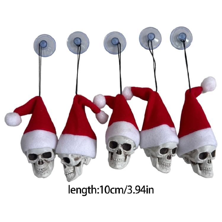 5Pcs Plastic Skeleton Head Decoration With Santa Hat For Holiday Parties Christmas Tree Halloween Hanging Ornament