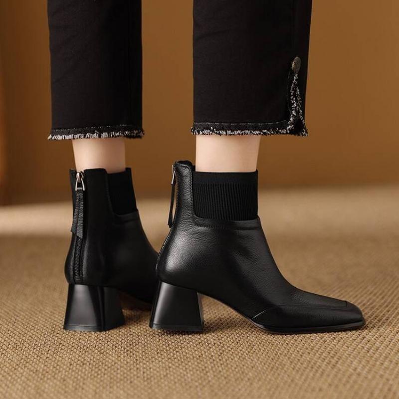 Fashion Ladies Shoes 2024 High Quality Ankle Women's Boots Fashion Back Zip Office and Career Hot Sale Square Toe Solid Shoes for Women