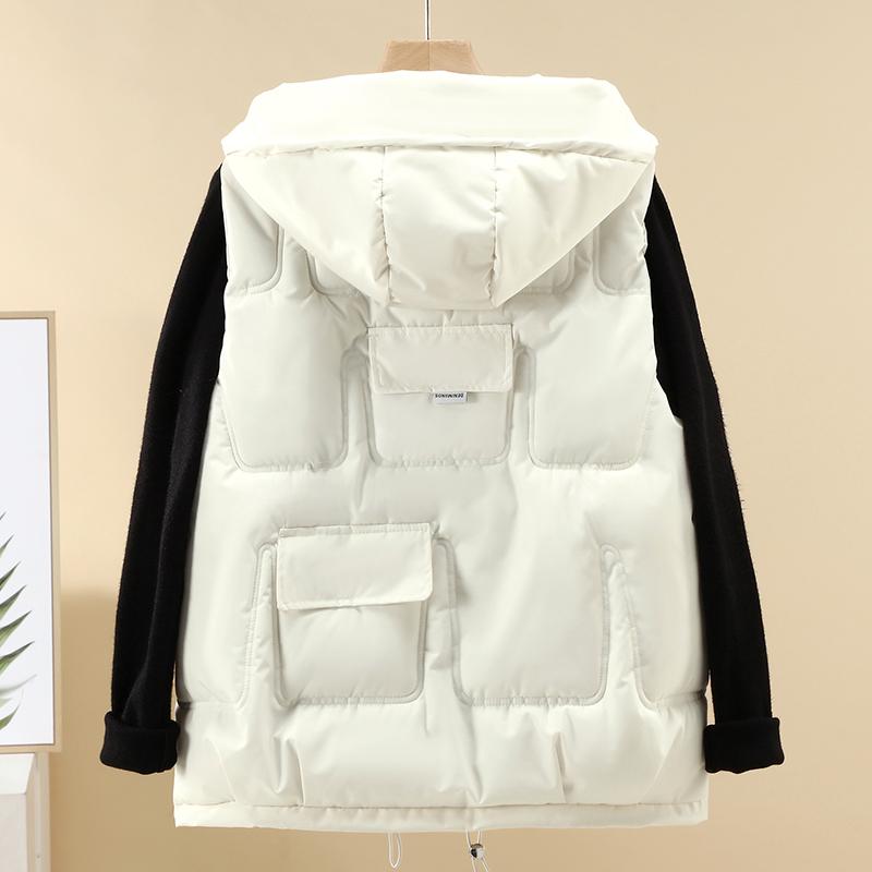 Women Hooded Puffer Vest Sleeveless Down Waistcoat Multi Pocket Quilted Gilet Autumn Winter Warm Loose Sleeveless Jacket Casual