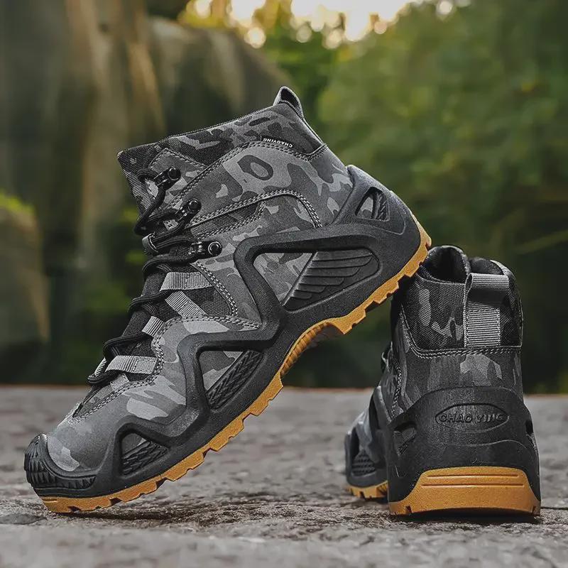 Men's Camouflage Oxford Waterproof Tactical Boots - Non-Slip, Large Size (45, 46) for Outdoor Rock Climbing & Hiking.