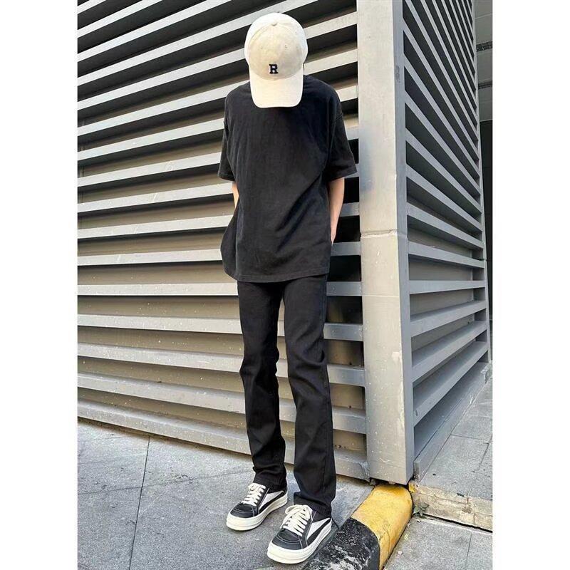 Mens Black Straight Fit Denim Jeans Winter Warm Casual High Waist Slim Stretch Cotton Pants Youth