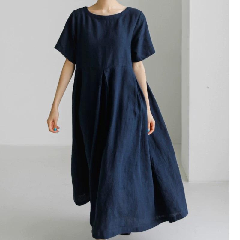 

Платье большого размера из хлопка и льна, свободный свитер с круглым вырезом, юбка выше колена, темперамент, стиль колледжа, женские нижние части XL темно-синий