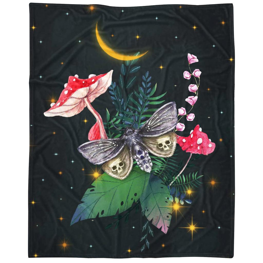 Mushroom Hippie Teppe Moth Gothic Witchy Flanell Teppe for All Season Sun Moon Fuzzy Soft Sofa Kontor Teppe