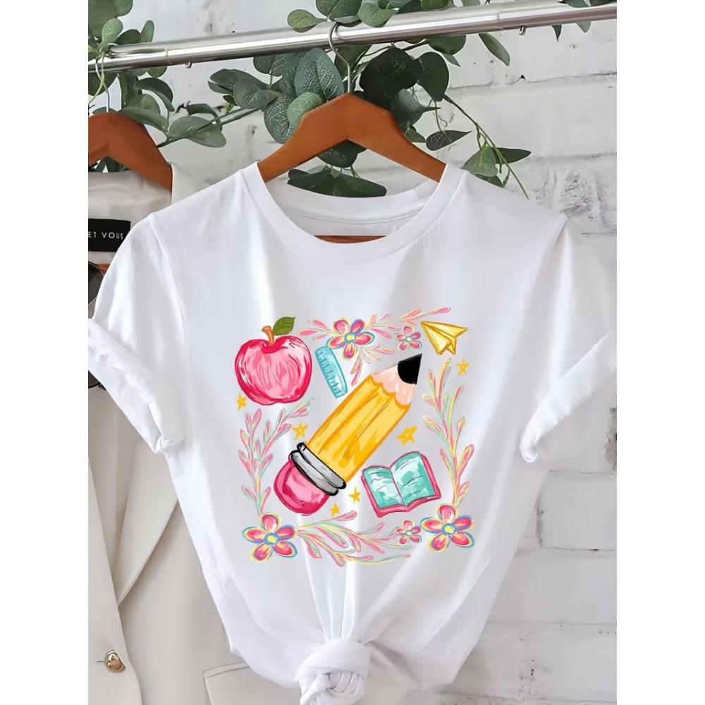 Cute Girly Bunny School Coquette Graphic T-Shirt Women’s Crew Neck Short Sleeve Back To School Pastel Print Top
