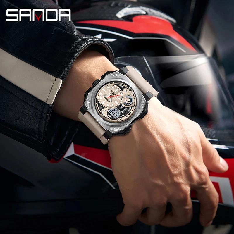 SANDA Neue quadratische Sport Herrenuhr Outdoor LED Elektronischer Stoppuhr Wecker Dual Display Multifunktions Herren Quarzuhr
