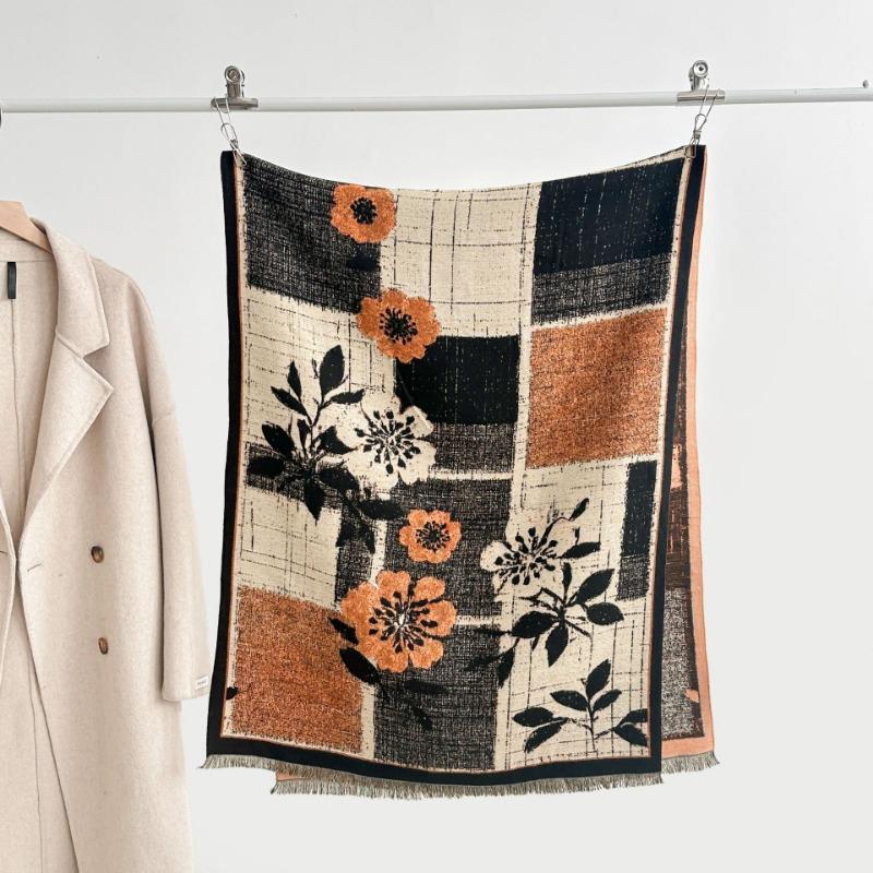 Autumn and winter new retro color matching flower imitation cashmere fringed scarf women's atmosphere thickened warm shawl