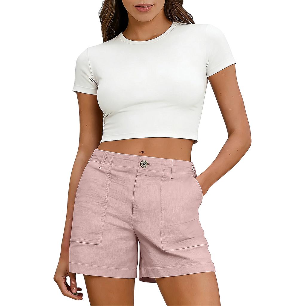 Women's Soft Cotton Linen Shorts Pockets Soft  Button Closure No Zipper Slim Fit Shorts