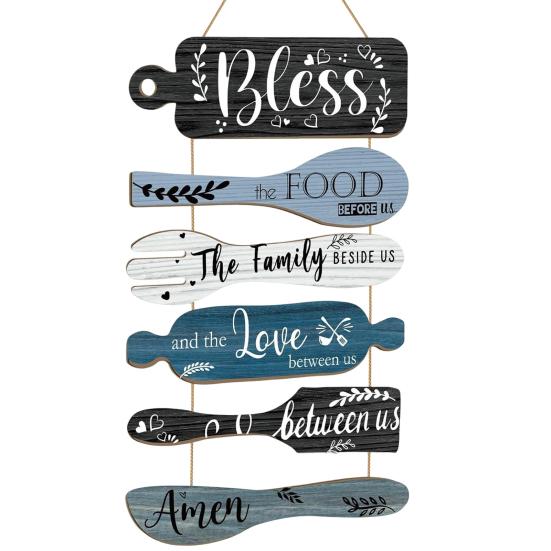 Wooden Kitchen Quote Sign Rustic Hanging for Wall Decor, Cutlery Design Home Art with Inspirational Family Slogan & Lanyard Farmhouse Decoration Solid