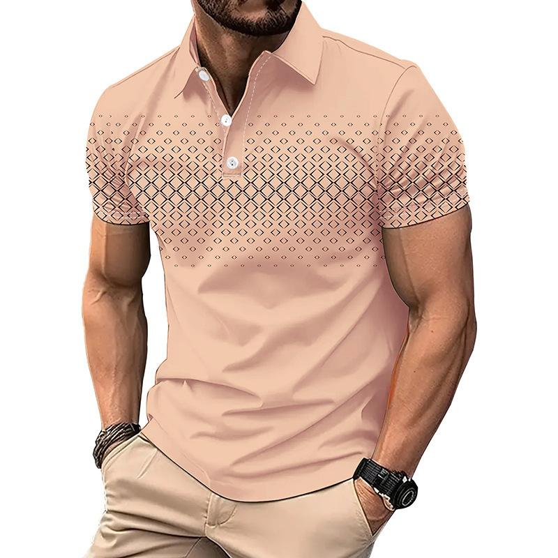 Geometric pattern short-sleeve polo, stylish for casual wear.