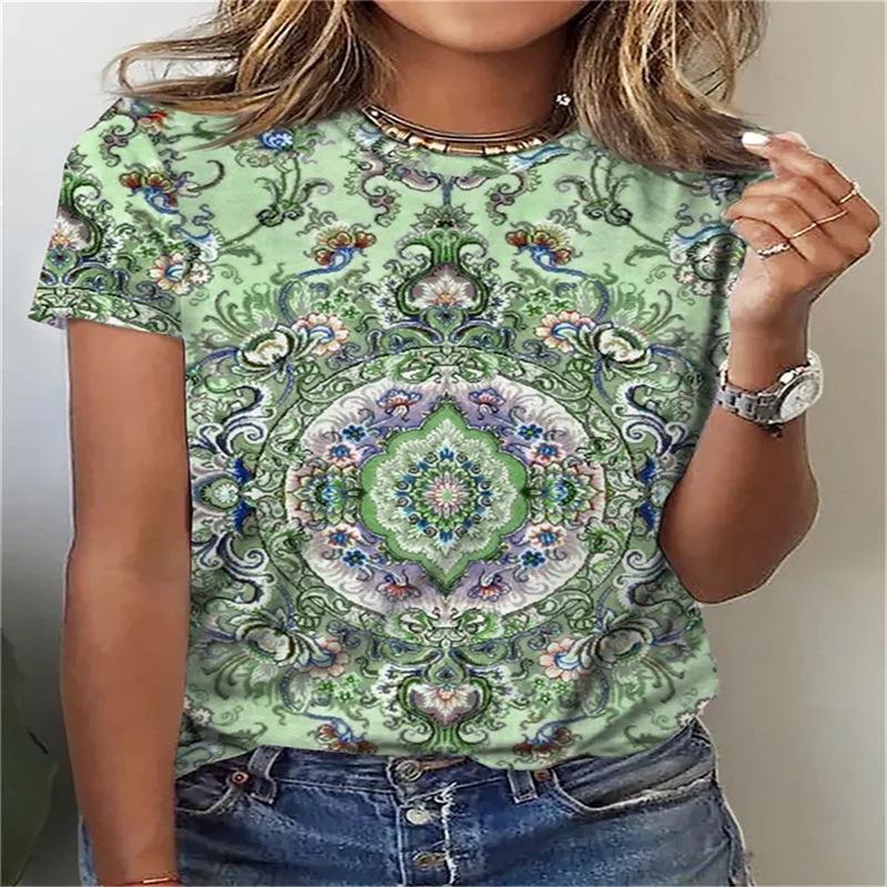 Summer Round Neck 3D Floral Mandala Print Top Fashionable Casual Short Sleeved Women's T-shirts