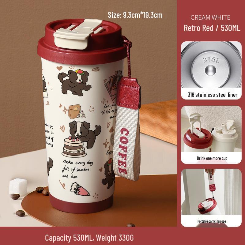 Happy Puppy Stainless Steel Insulated Coffee Cup - Portable, Student-Friendly Design for Men and Women