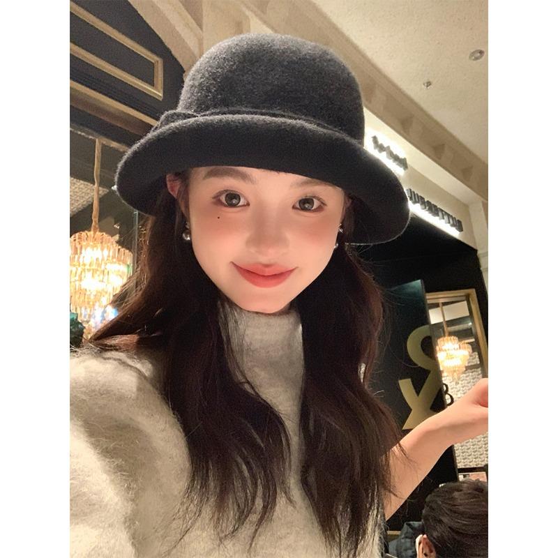 Curly Wool Bow Top Hat for Women Winter French Dome Gold Hat Showing Face Small Fisherman Hat Basin Hat