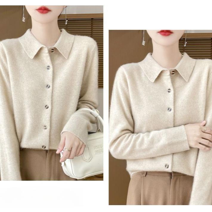 Spring Autumn Women's Wool Cardigan Solid Color Polo Collar Knitted Cardigan Long Sleeve Slim Fit Stretch Wool Cardigan