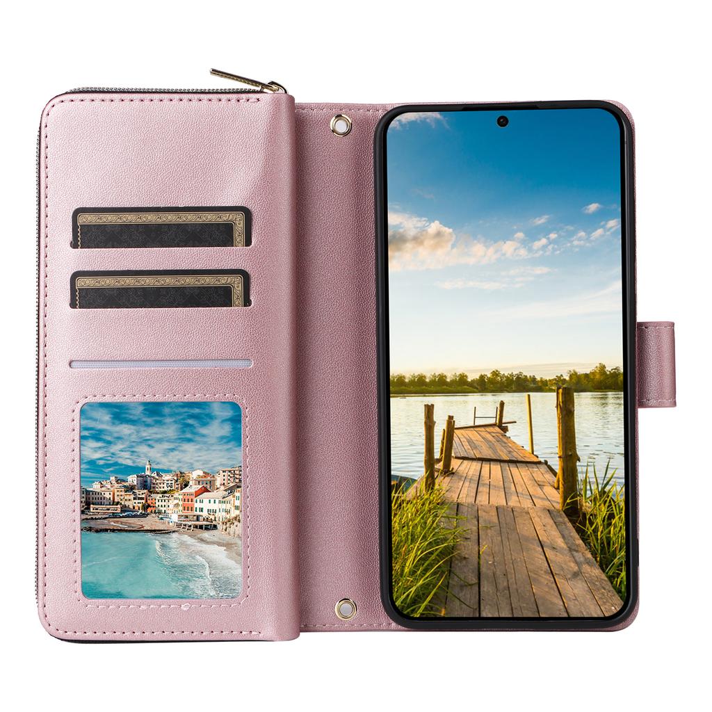 Pro Samsung Galaxy A17 5G Pouzdro 9 Přihrádek na karty Kapsa na zip PU Kůže Kryt na telefon s poutkem na zápěstí