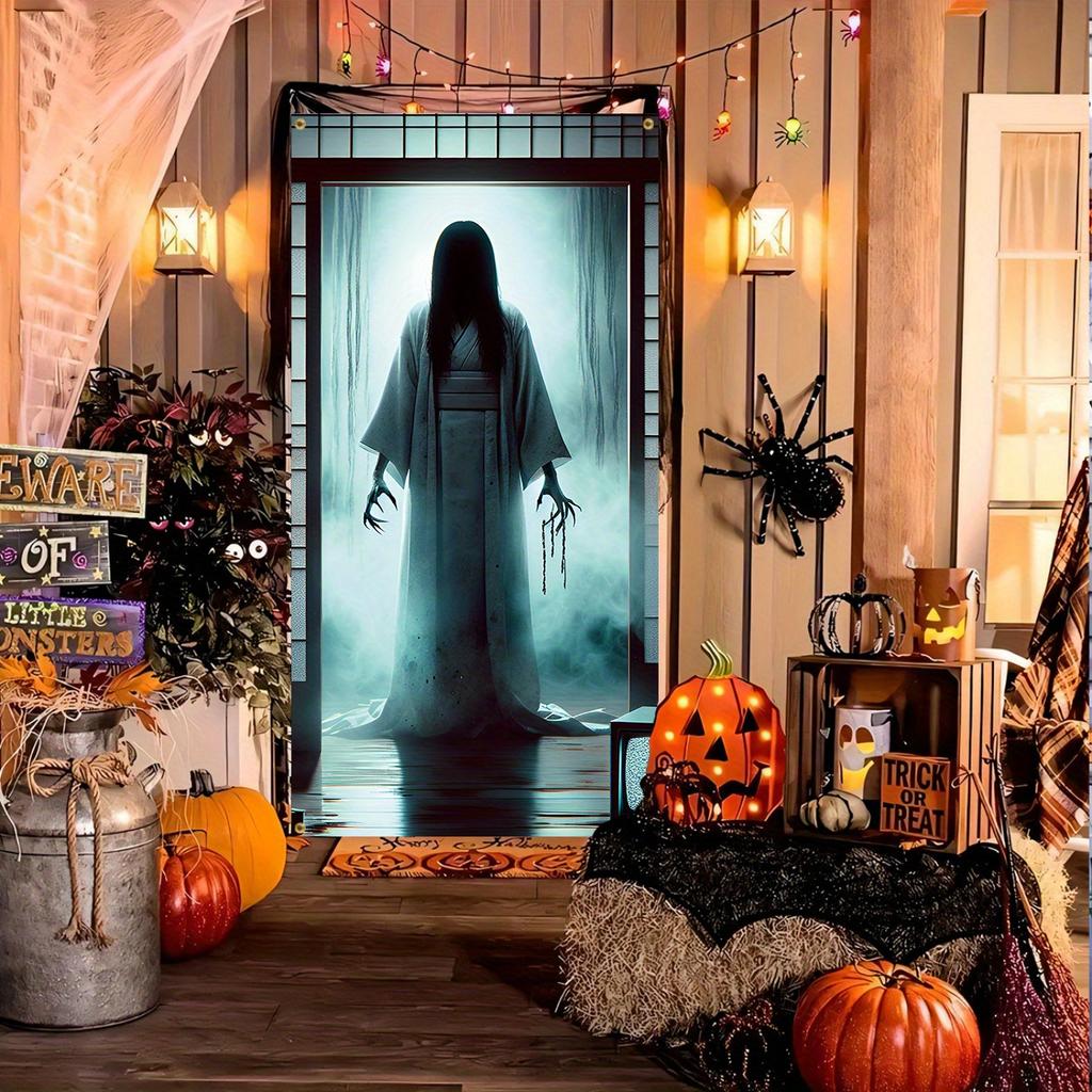 1pc 2D Door Flag Halloween Welcome Door Flag - Evil Spirit White Dress Doll with Luminous Eyes