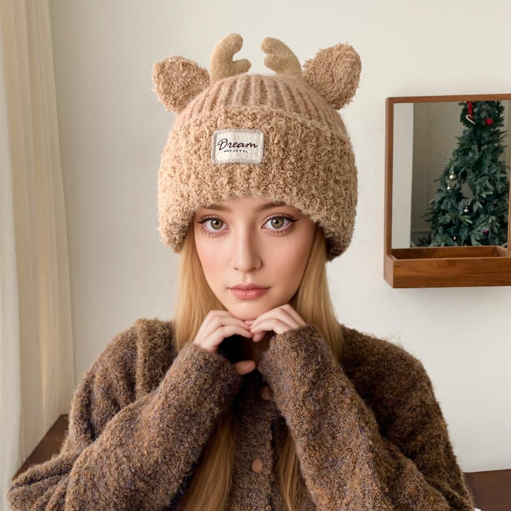 New Women Cute Plush Fur Warm Winter Hat Young Trendy Knitted Hat With Deer Horn Ear Girls Lovely Elegant Fur Winter Cap