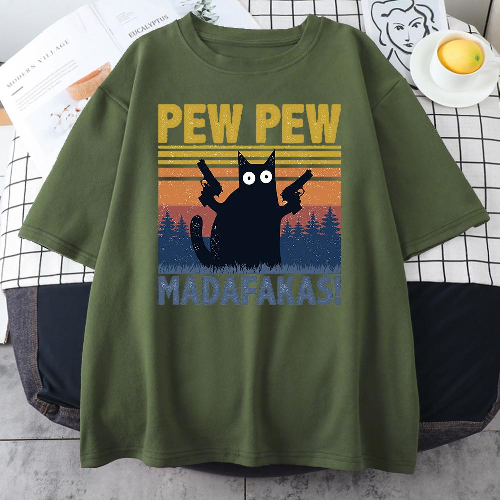 Pew Madafakas Black Cat Print Male Cotton Tee Clothing Personality Vintage Cotton TShirts Casual Trend Tops Unisexs Short Sleeve