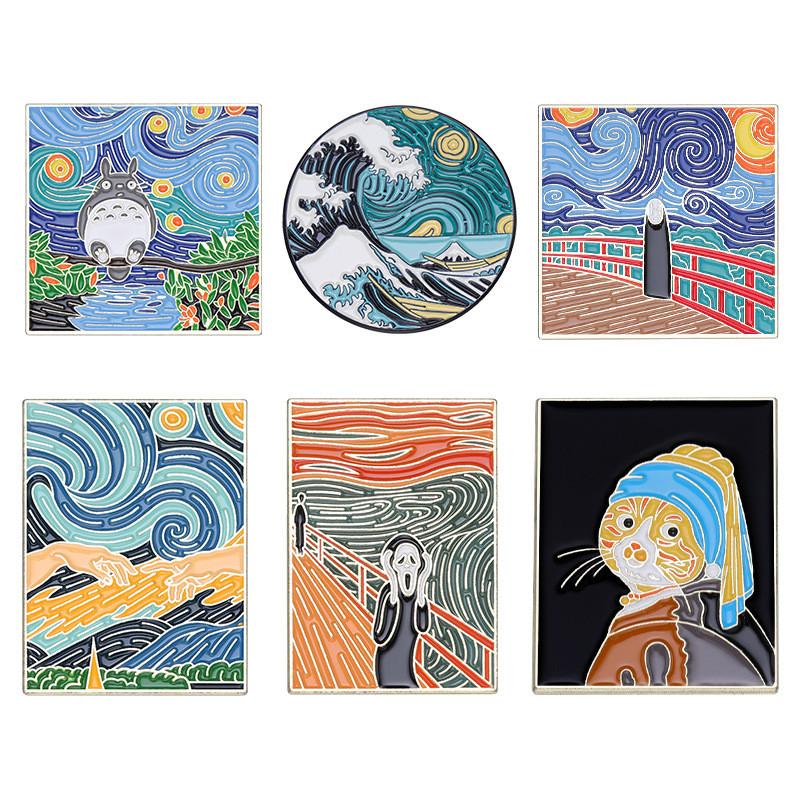 Creative Retro Oil Painting Cat Waves Brooch Charming Alloy Pin For Men And Women