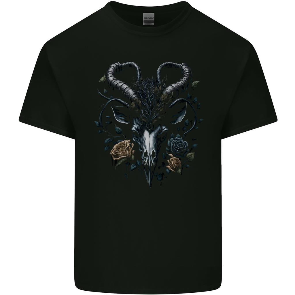 A Gothic Goat Skull With Flowers Goth Roses Mens Cotton T-Shirt Tee Top