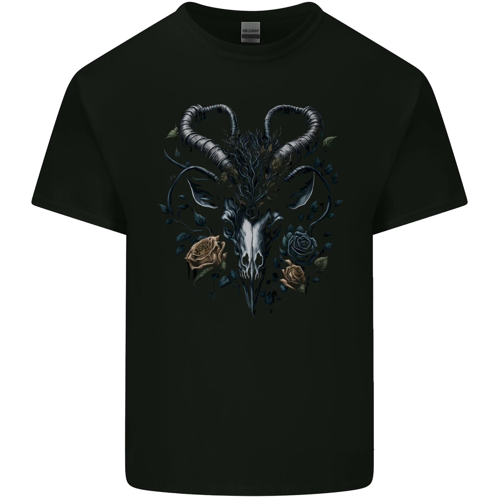 A Gothic Goat Skull With Flowers Goth Roses Mens Cotton T-Shirt Tee Top M